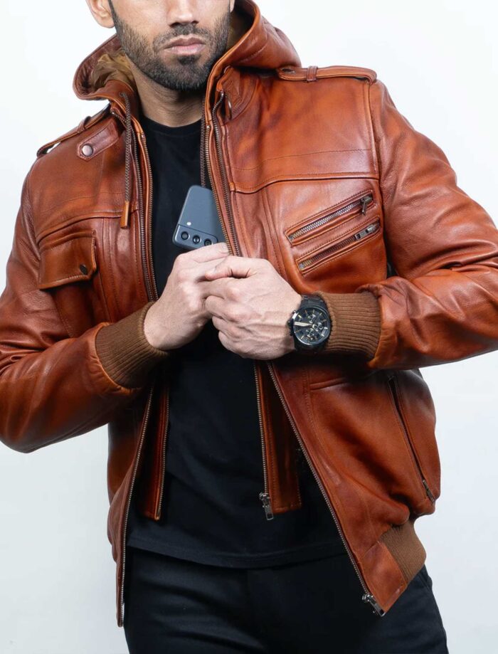 brown leather bomber