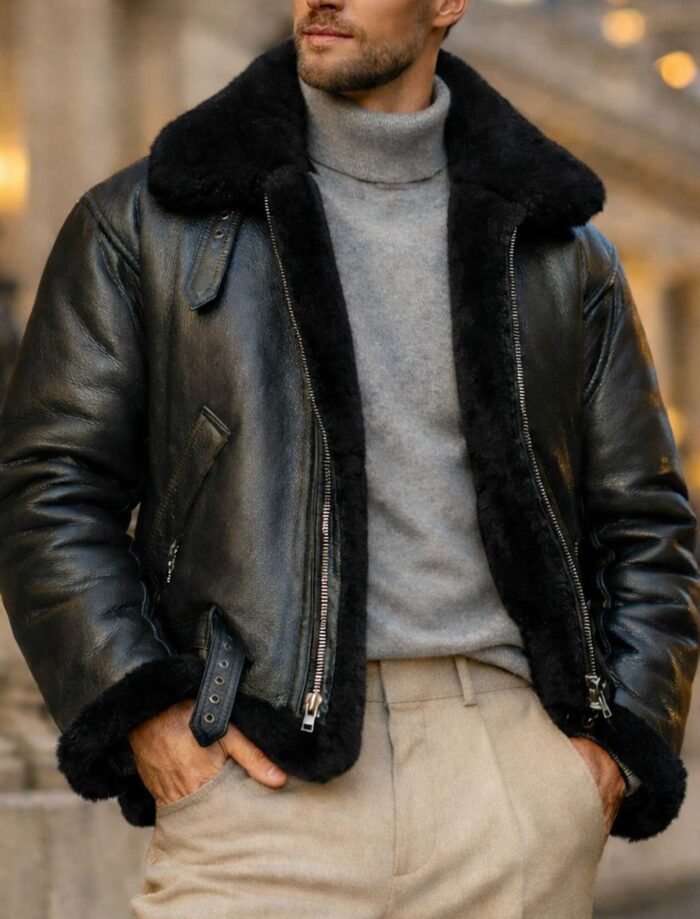 men’s black shearling bomber jacket