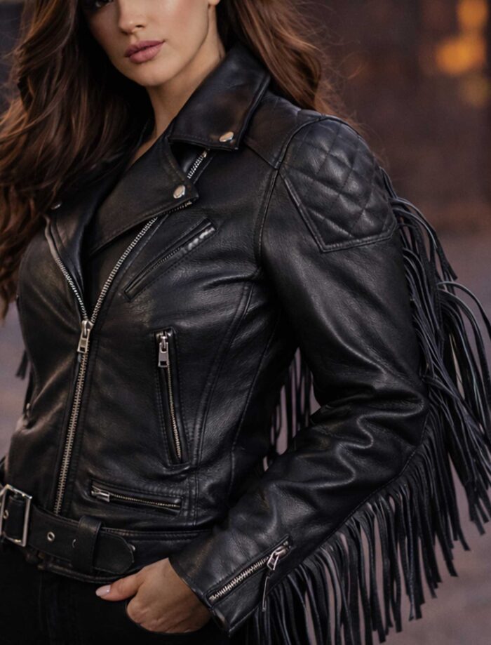 Women Black Fringe Leather Jacket