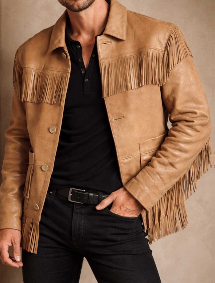 Brown Leather Biker Jacket with Handcut Tassels