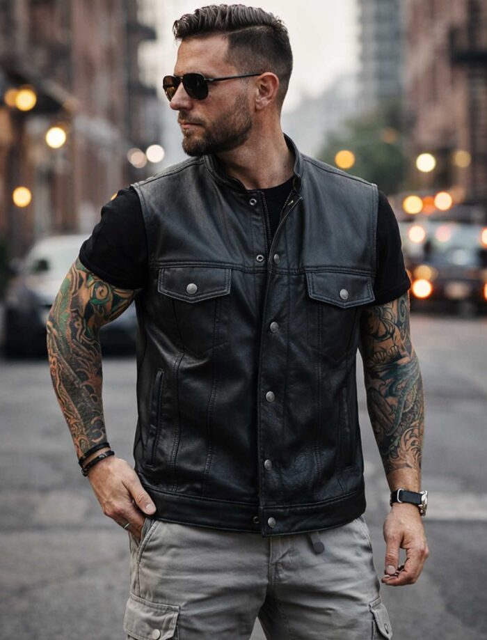 Black Calfskin Leather Moto Vest