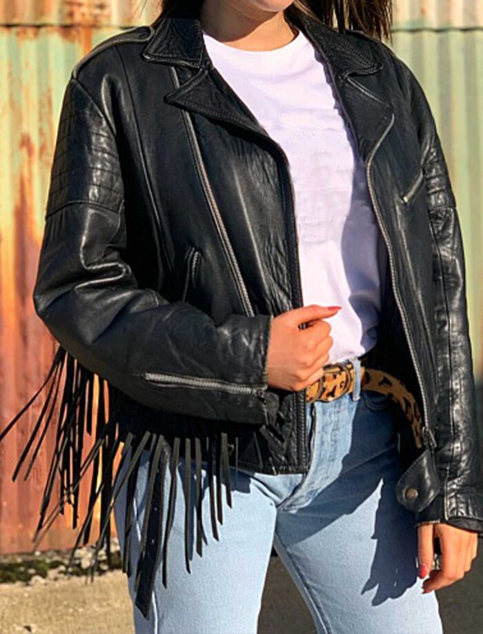 Black Fringe Tassel Vintage Leather Biker Jacket