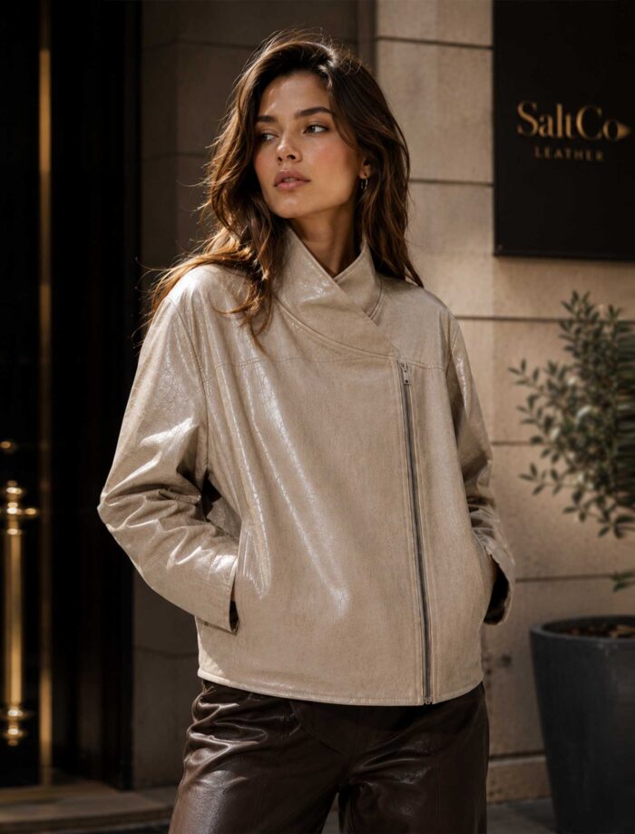 SaltCo Velnorra Beige Sheepskin Leather High Neck Bomber Jacket for Women