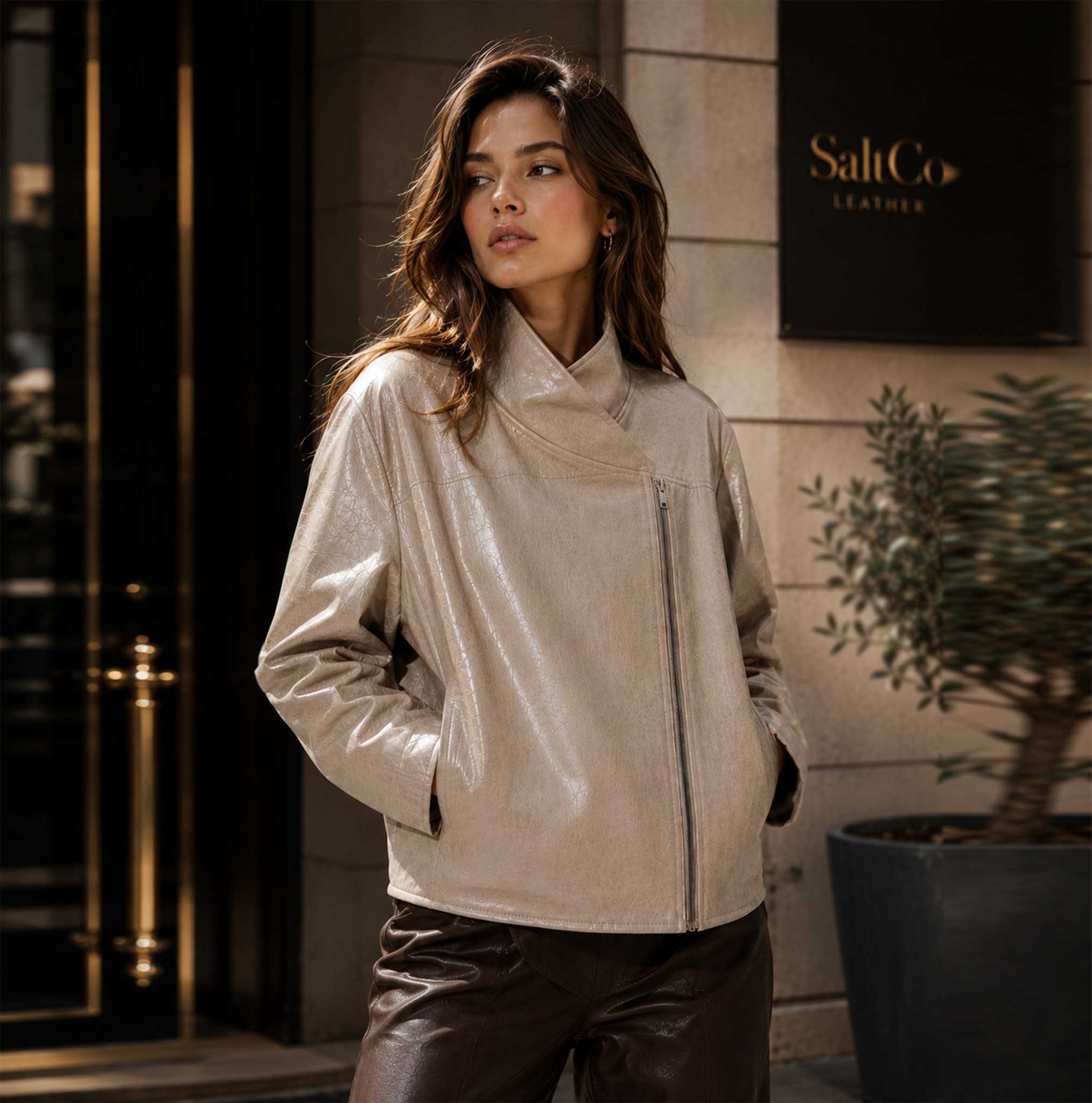 SaltCo Velnorra Beige Sheepskin Leather High Neck Bomber Jacket for Women
