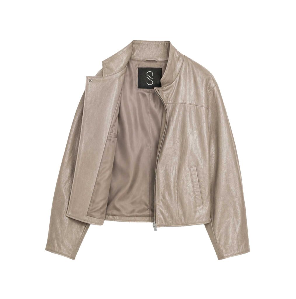 SaltCo Velnorra Beige Sheepskin Leather High Neck Bomber Jacket for Women
