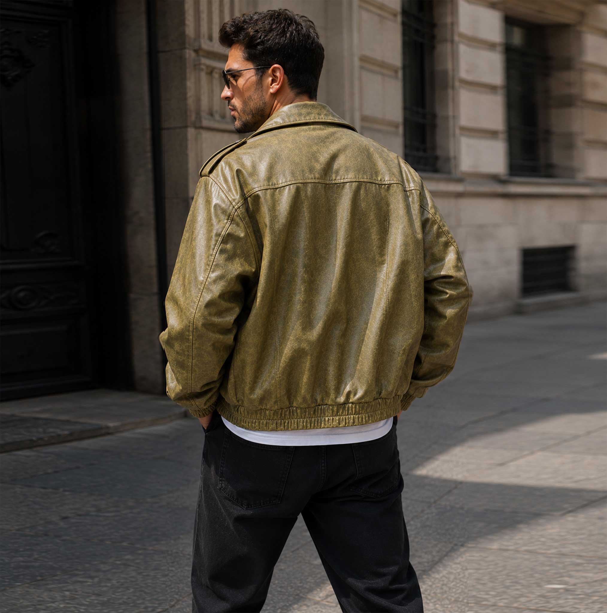 oversized leather biker jacket, olive green leather jacket, mens oversized biker jacket, sheepskin leather jacket, distressed leather bomber, luxury mens leather jacket, double collar biker jacket, relaxed fit leather jacket, mens streetwear jacket, olive leather outerwear