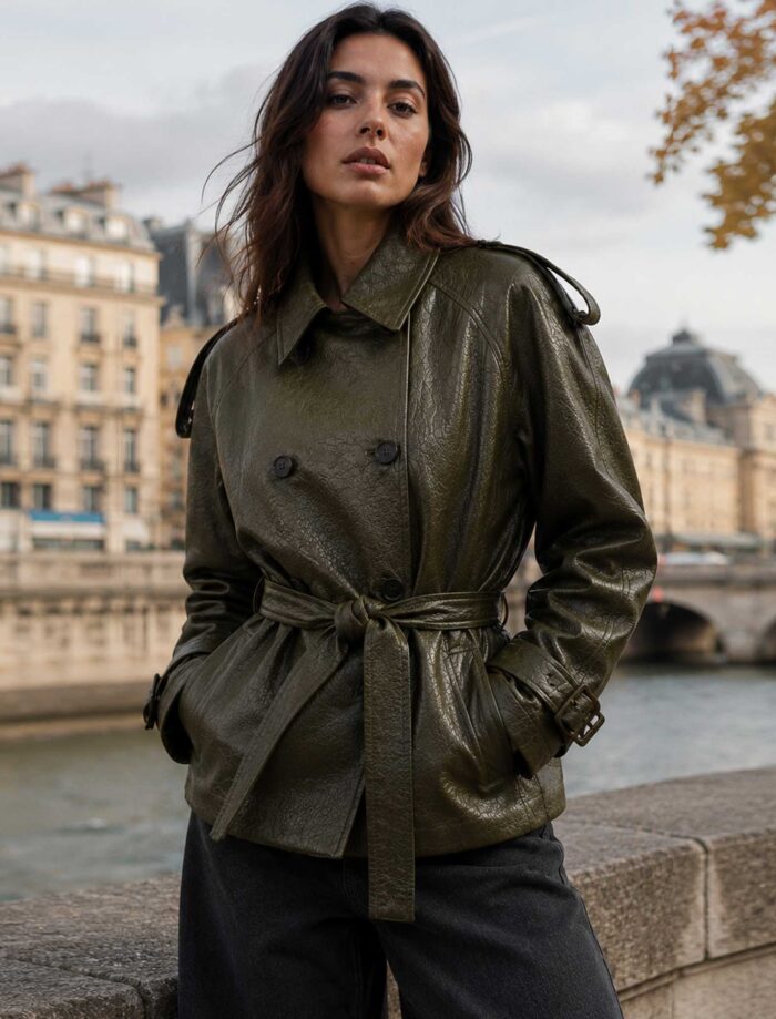 Leather Cropped Trench Coat for Women