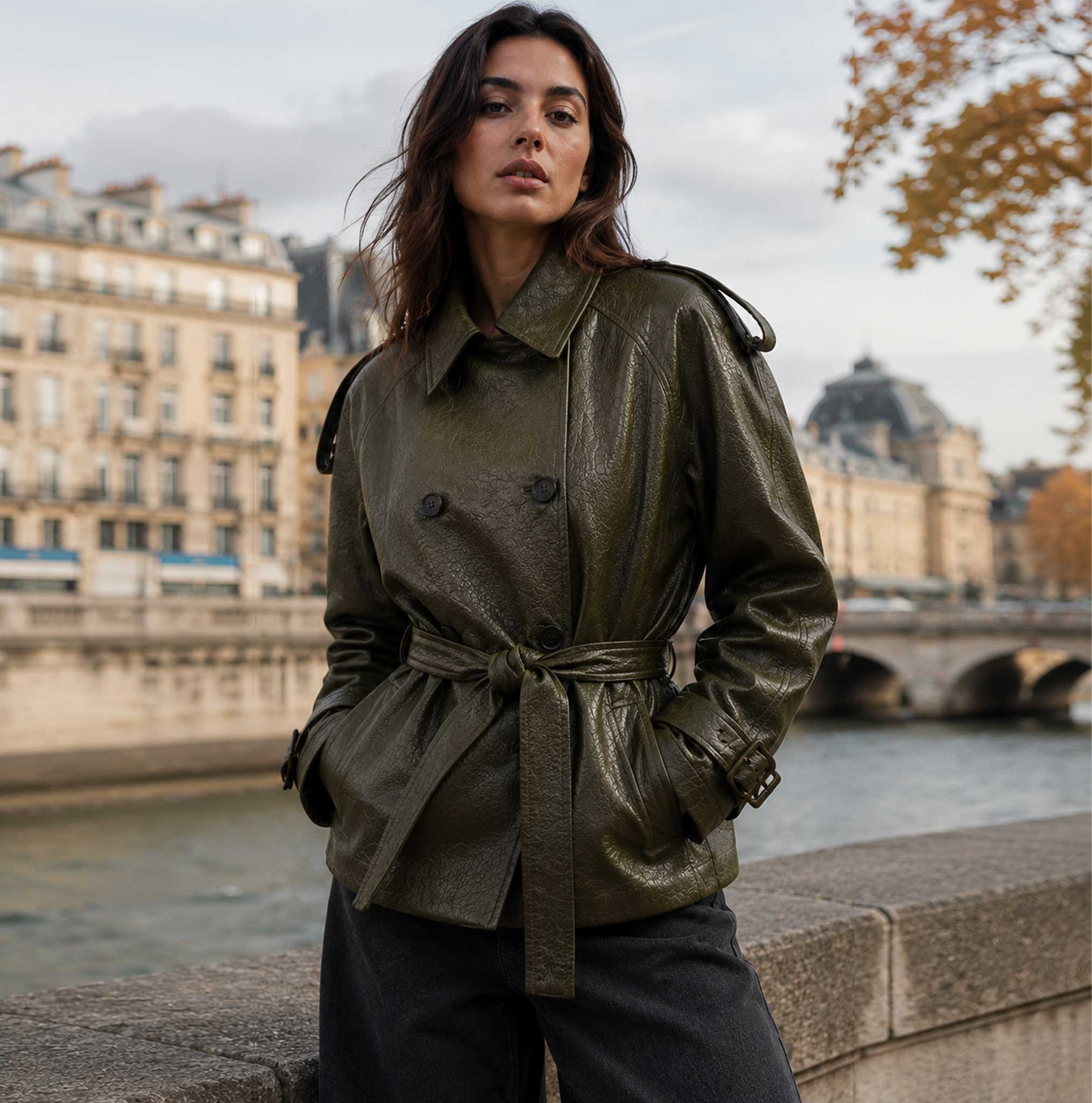 Leather Cropped Trench Coat for Women