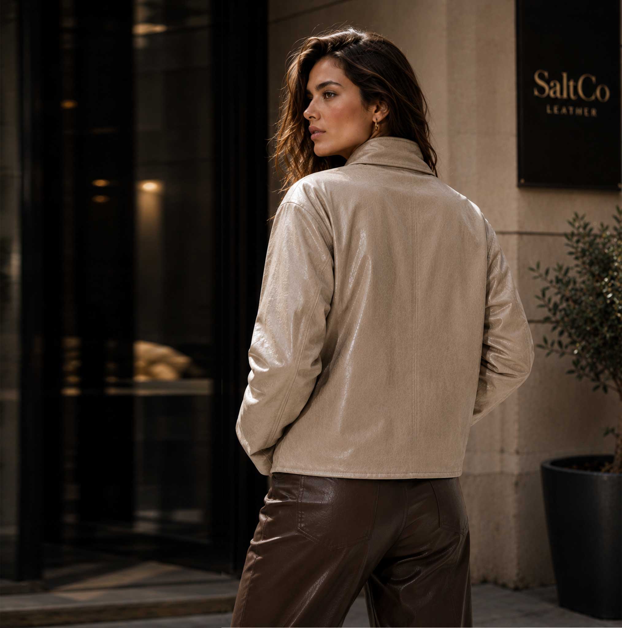 SaltCo Velnorra Beige Sheepskin Leather High Neck Bomber Jacket for Women