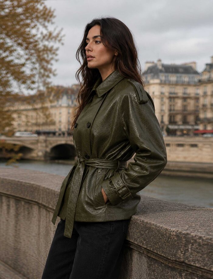 Leather Cropped Trench Coat for Women