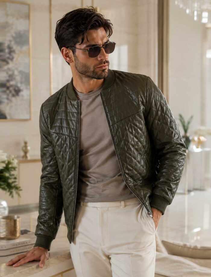 Refined, modern, and effortlessly stylish, the Velmori Olive Diamond Quilted Leather Bomber Jacket is crafted from premium genuine leather with a sophisticated quilted texture. Designed for men who appreciate luxury fashion and everyday versatility, this slim-fit bomber jacket delivers comfort, durability, and timeless appeal for casual and smart-casual wear.