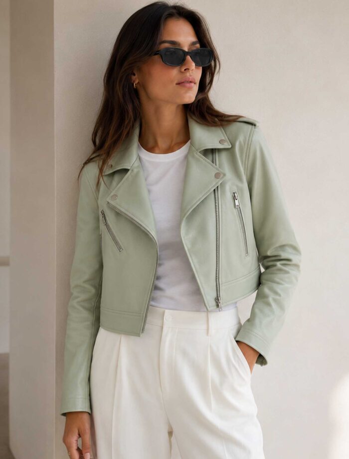 mint green leather jacket, cropped moto jacket women, sheepskin leather jacket, womens biker jacket, pastel green leather jacket, cropped leather coat, luxury women jacket, genuine leather moto jacket, mint biker jacket, womens streetwear jacket