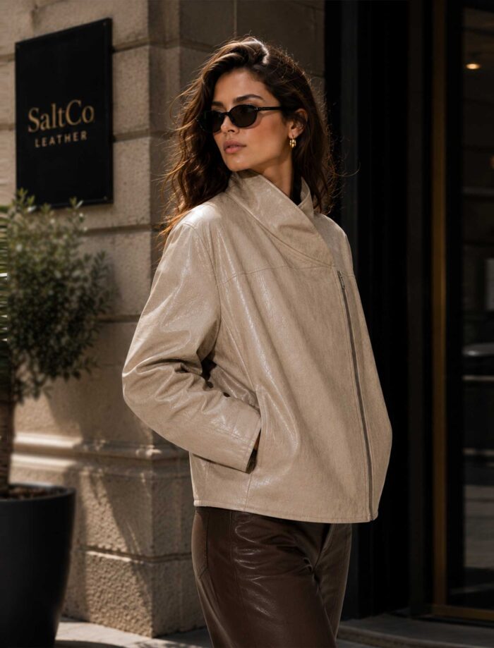 SaltCo Velnorra Beige Sheepskin Leather High Neck Bomber Jacket for Women