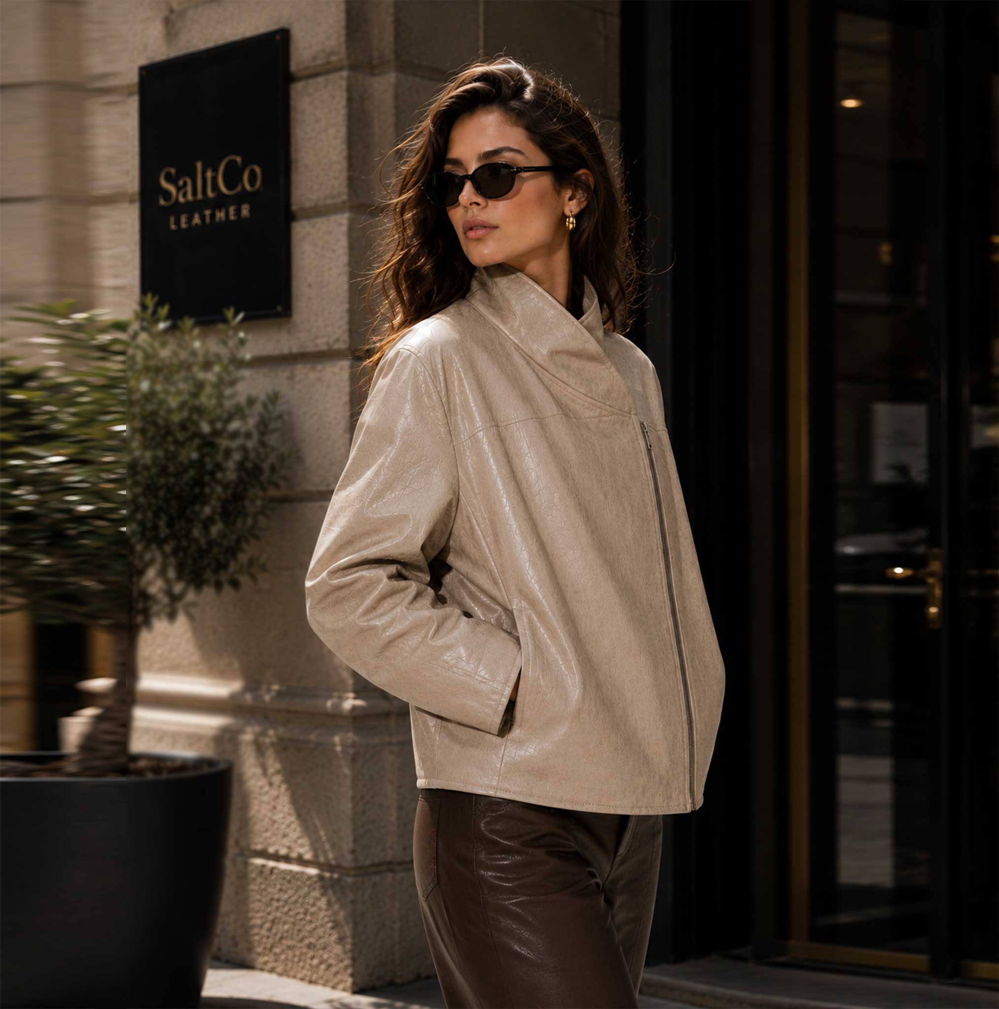 SaltCo Velnorra Beige Sheepskin Leather High Neck Bomber Jacket for Women