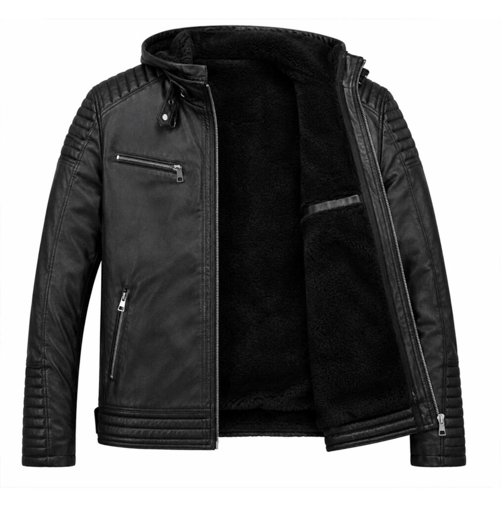 Leather Hooded Biker Jacket for Men