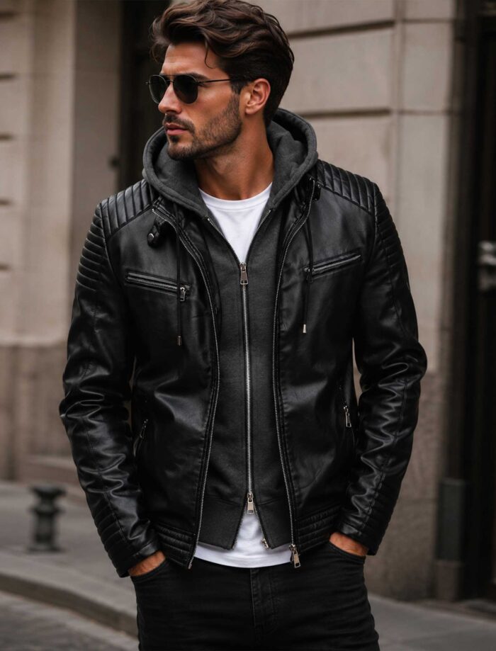 Leather Hooded Biker Jacket for Men