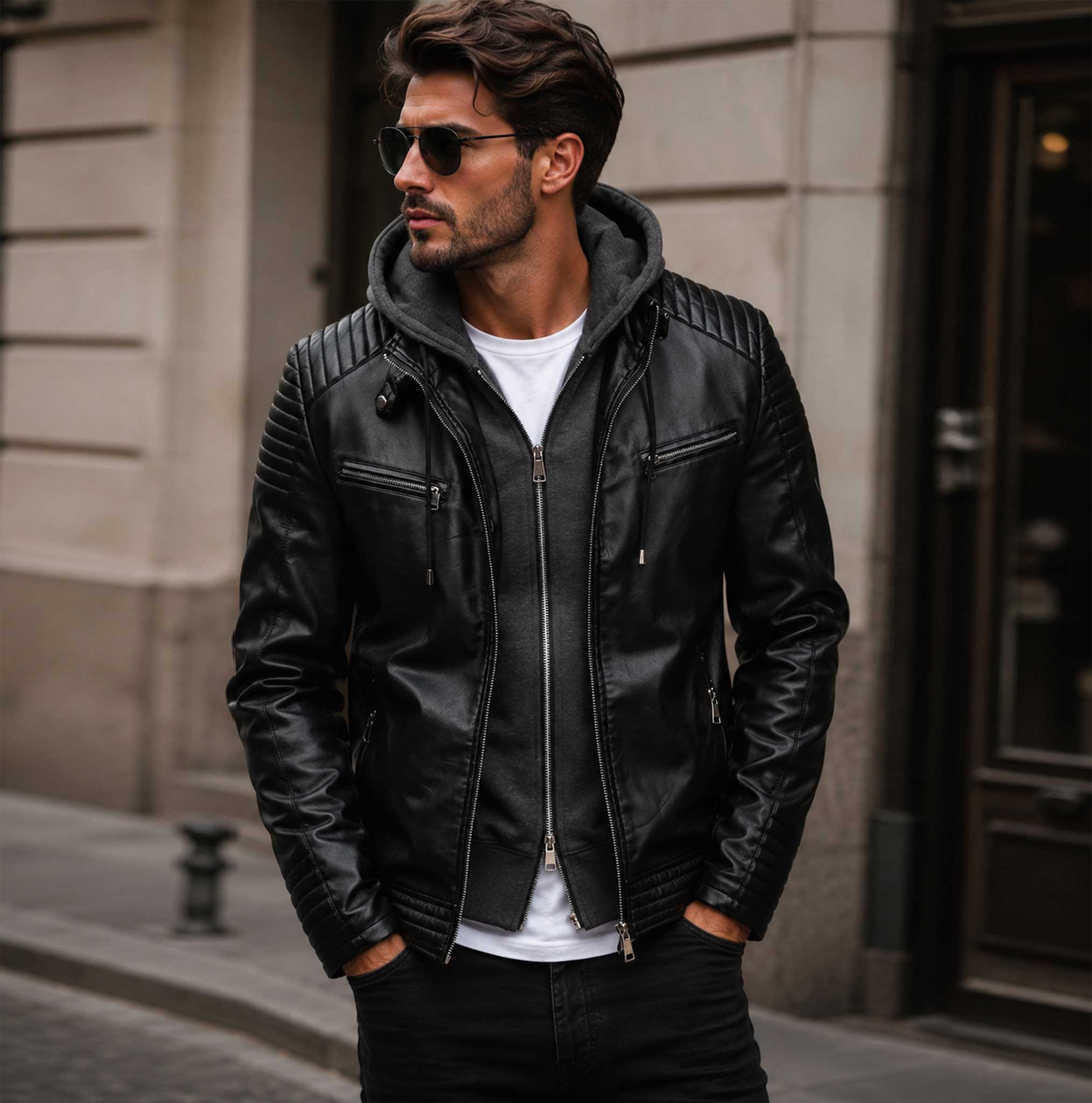Leather Hooded Biker Jacket for Men